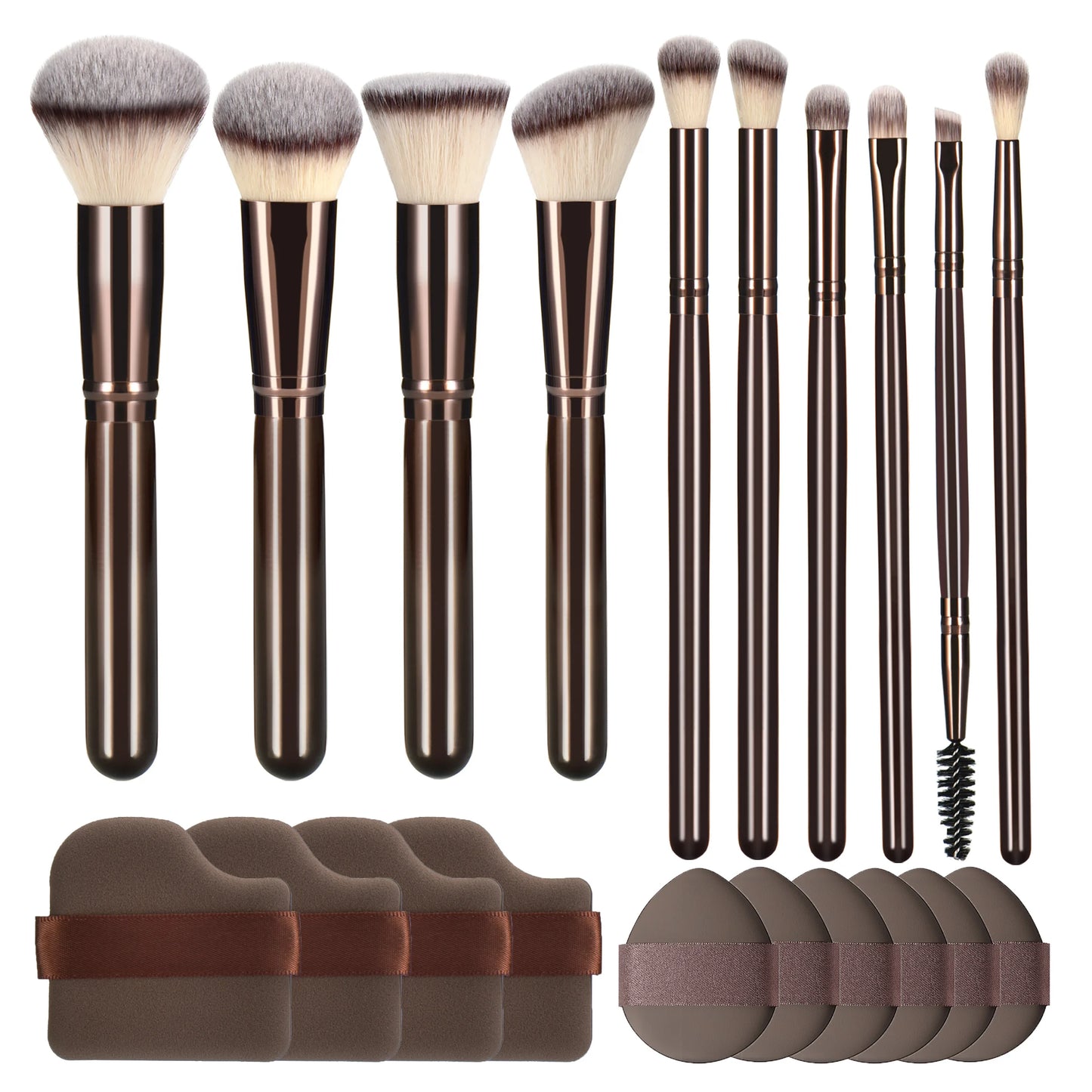 Coffee-Colored Makeup Brush Set with Wooden Handles 10-Piece Ladies Cosmetic Tools Including Makeup Sponges