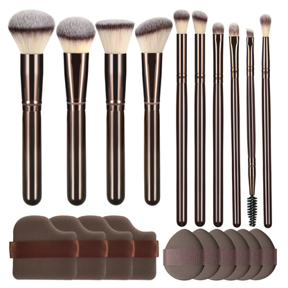 Coffee-Colored Makeup Brush Set with Wooden Handles 10-Piece Ladies Cosmetic Tools Including Makeup Sponges
