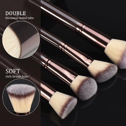 Coffee-Colored Makeup Brush Set with Wooden Handles 10-Piece Ladies Cosmetic Tools Including Makeup Sponges