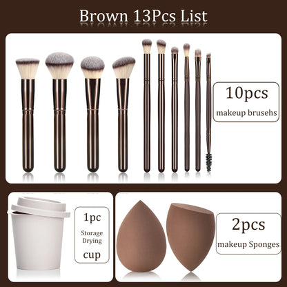 Coffee-Colored Makeup Brush Set with Wooden Handles 10-Piece Ladies Cosmetic Tools Including Makeup Sponges