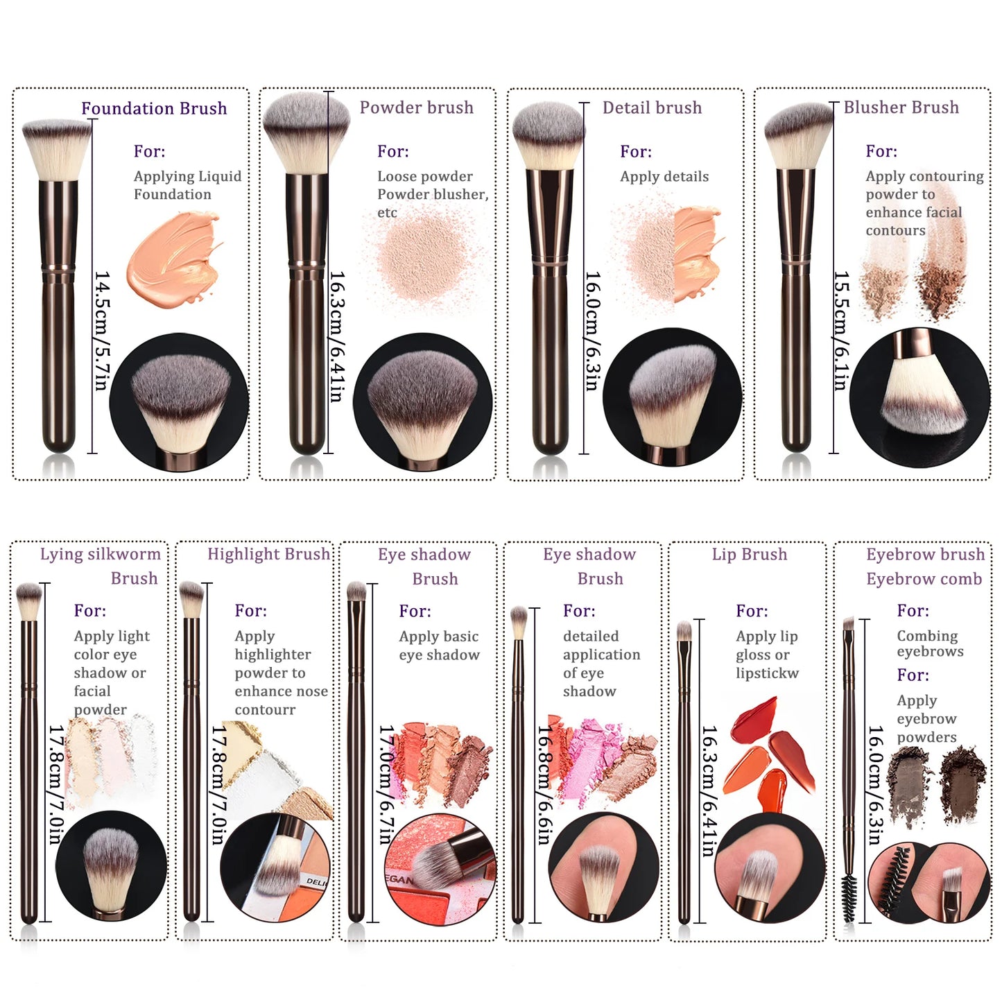 Coffee-Colored Makeup Brush Set with Wooden Handles 10-Piece Ladies Cosmetic Tools Including Makeup Sponges