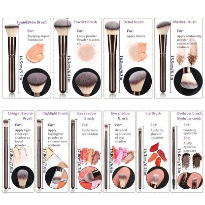 Coffee-Colored Makeup Brush Set with Wooden Handles 10-Piece Ladies Cosmetic Tools Including Makeup Sponges