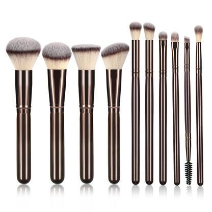 Coffee-Colored Makeup Brush Set with Wooden Handles 10-Piece Ladies Cosmetic Tools Including Makeup Sponges