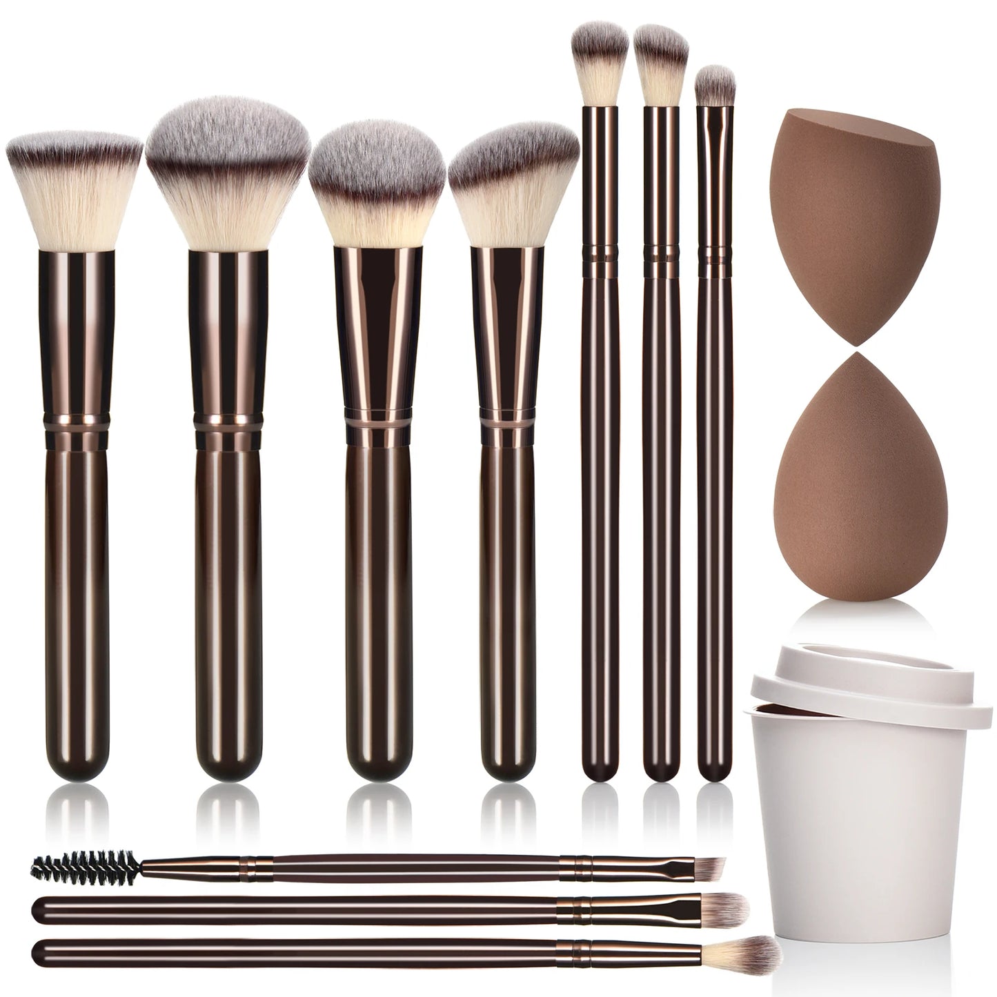 Coffee-Colored Makeup Brush Set with Wooden Handles 10-Piece Ladies Cosmetic Tools Including Makeup Sponges
