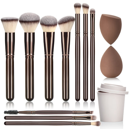 Coffee-Colored Makeup Brush Set with Wooden Handles 10-Piece Ladies Cosmetic Tools Including Makeup Sponges