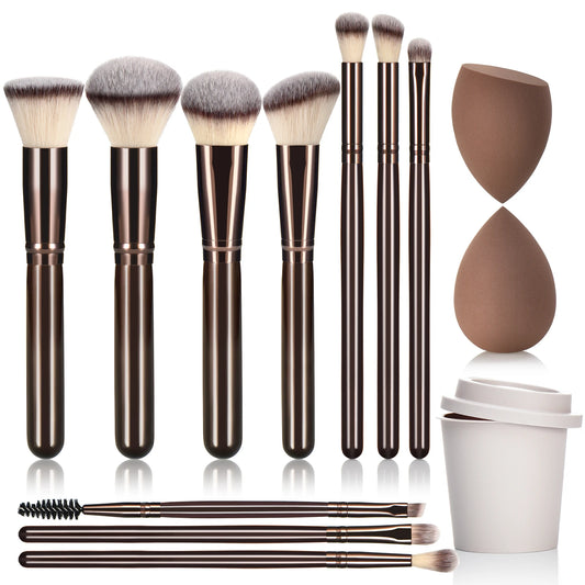 Coffee-Colored Makeup Brush Set with Wooden Handles 10-Piece Ladies Cosmetic Tools Including Makeup Sponges